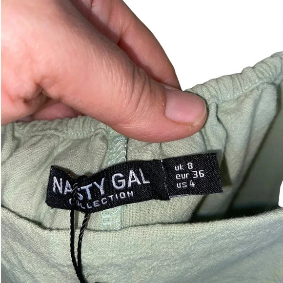 New Nasty Gal sage green puff sleeve Linen Look mini Cute Soft Girl Party Dress - Picture 5 of 8